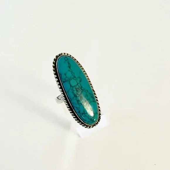 Turquoise Ring Sterling Silver 925 Oval Statement Boho Western Size 8 - Picture 5 of 8